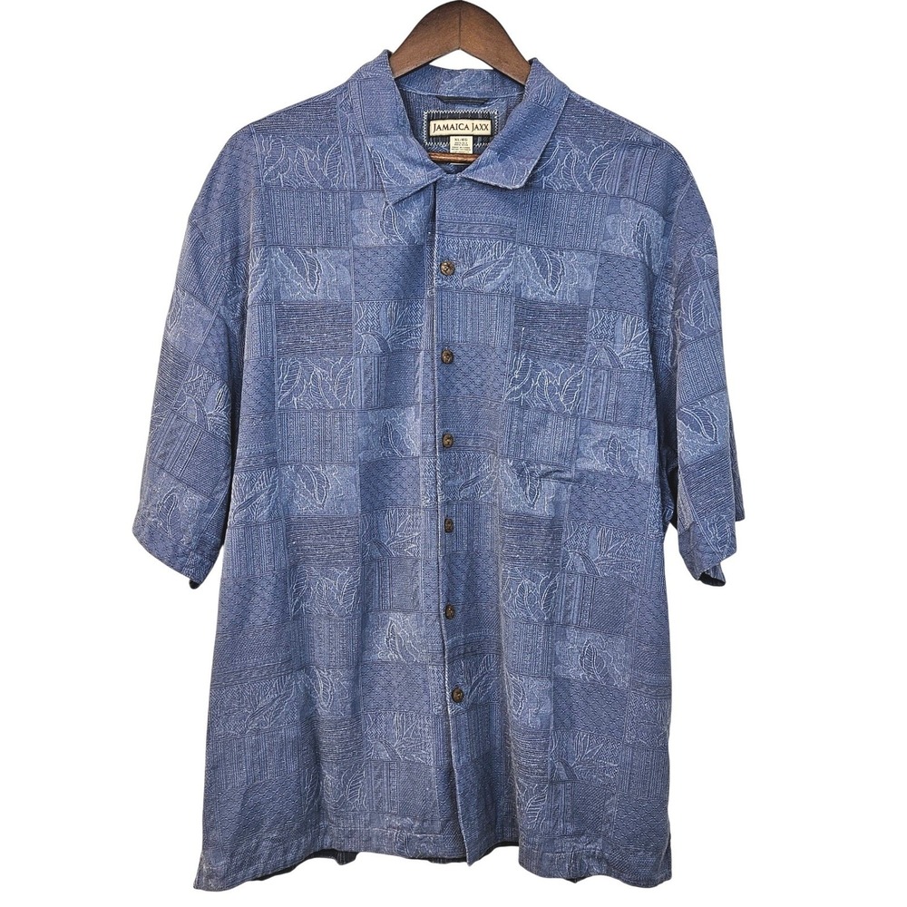 Jamaica Jaxx Shirt Mens XL Blue Silk Jacquard Tropical‎ Leaf Button Resortwear